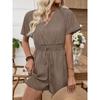 Women's V Neck Short Sleeve Faux Denim Romper Cinched Waist Jumpsuits Casual One Piece Outfits