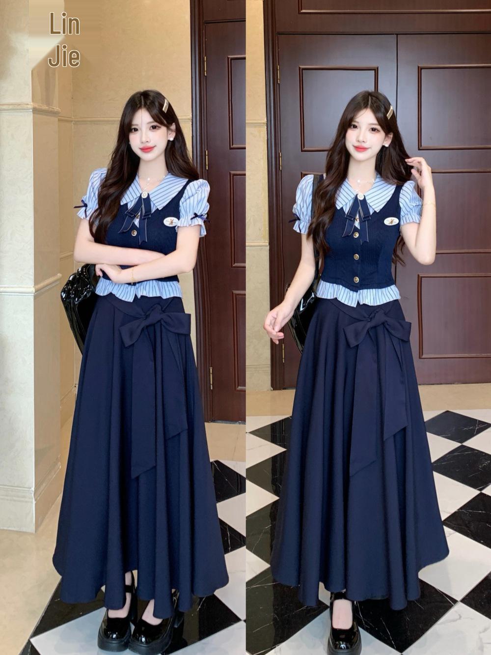 2026 Women s Plus Size College Style Two-Piece Set: Faux Patchwork Top & High-Waisted Long Skirt M
