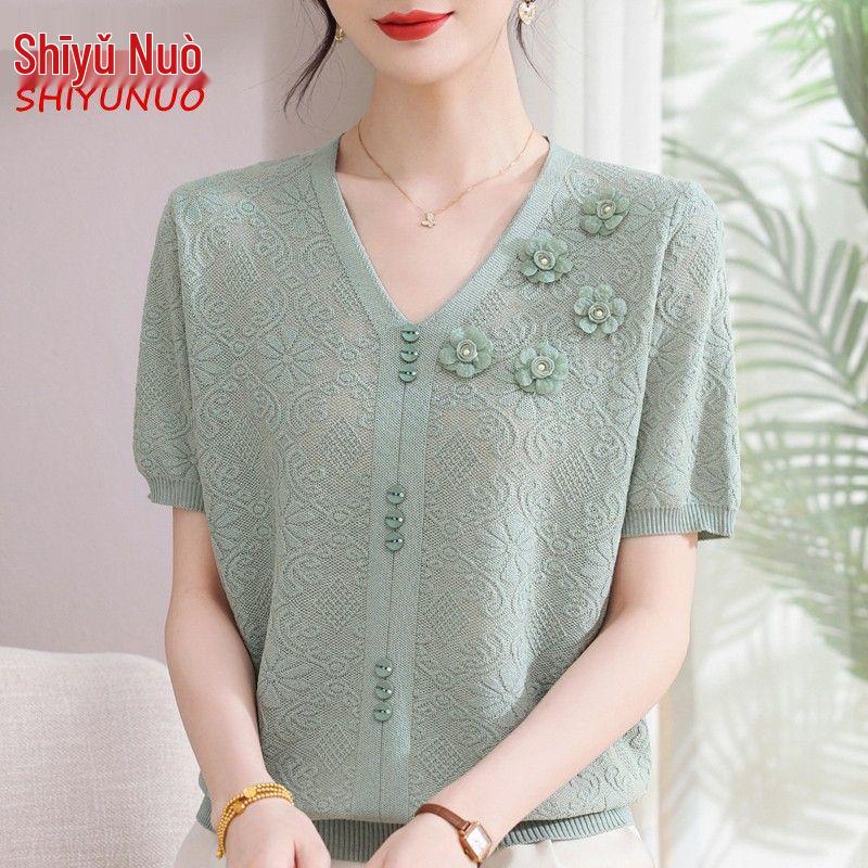 Summer 2026 Ice Silk Blouse: Fashionable Short-Sleeve for Middle-Aged and Elderly Women