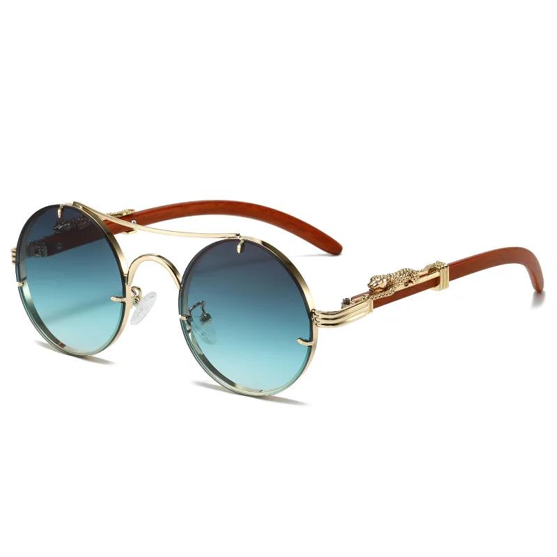 Vintage Metal Round Sunglasses Men Luxury Gold Leopard Wooden Frame Stylish Outdoor Women Trendy Oval Shades Oculos de sol