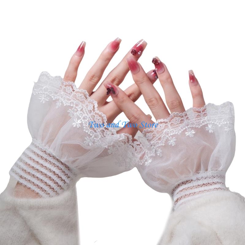 HX6F 1Pair Lace Embroidered Flower Arm Sleeves Double Layer for Formal Event белый