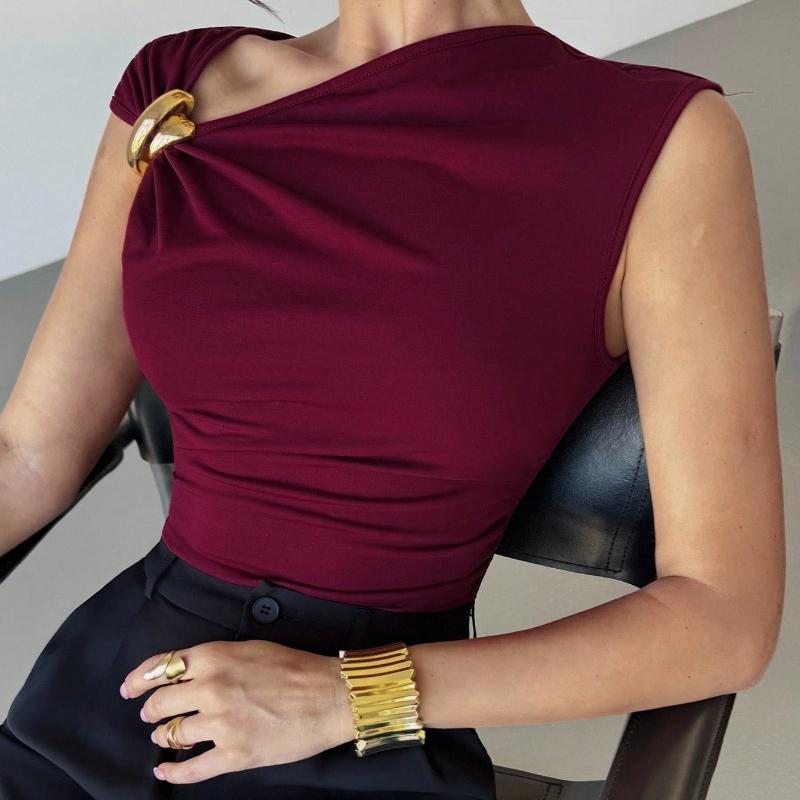 

Summer Style Simple Sleeveless Metal Ring Solid Color Slim Shirt Top for Women XL