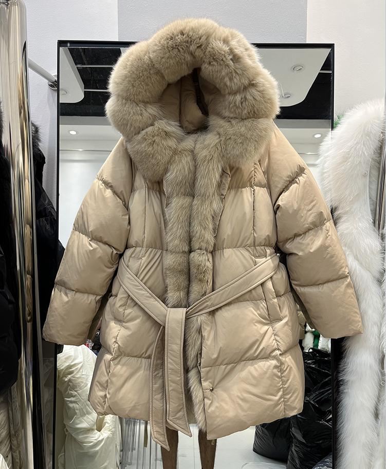 European winter new fur fox fur collar down jacket women's medium and long lace-up waist thickened coat