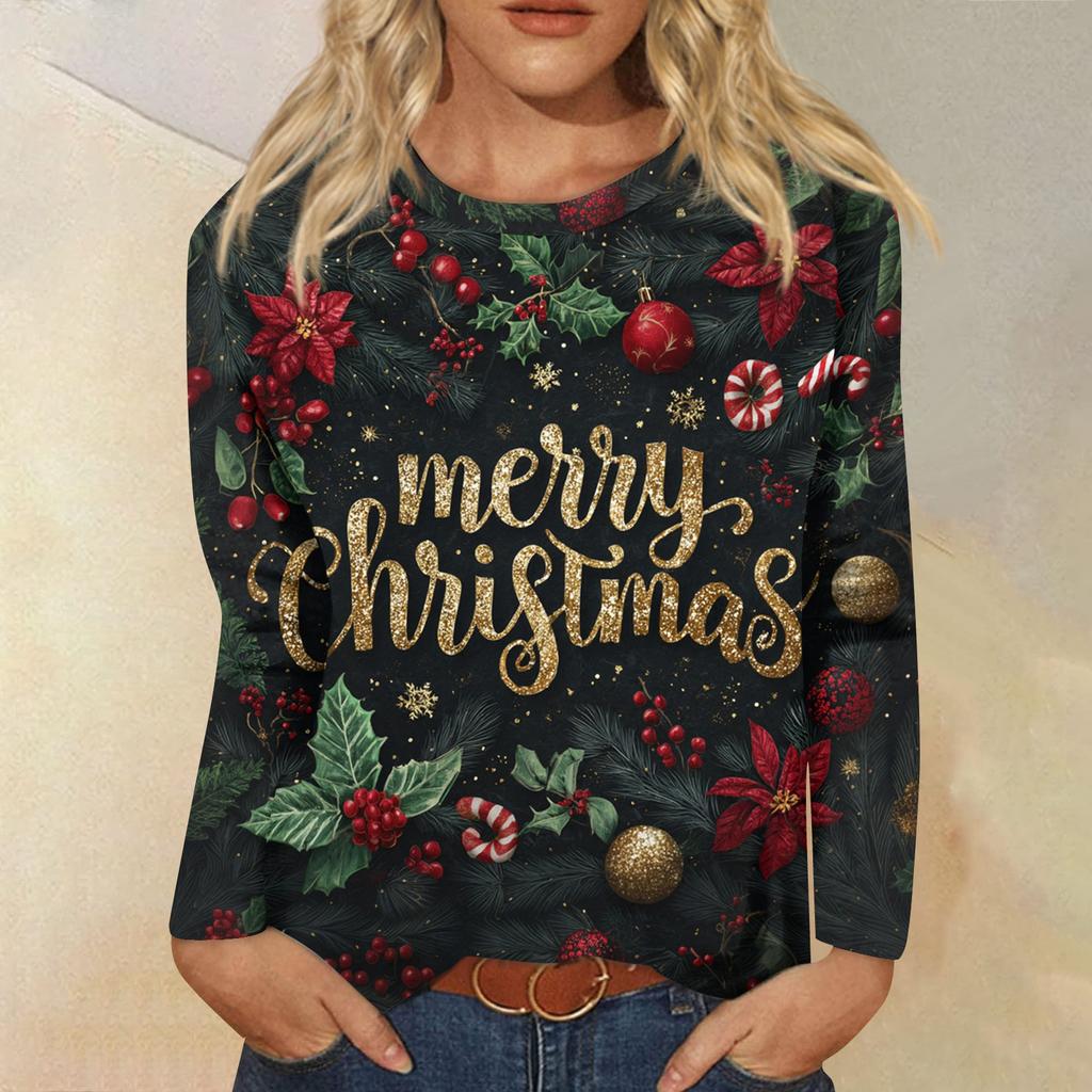 Women's Fashion Casual Long Sleeve  Print Round Neck Top