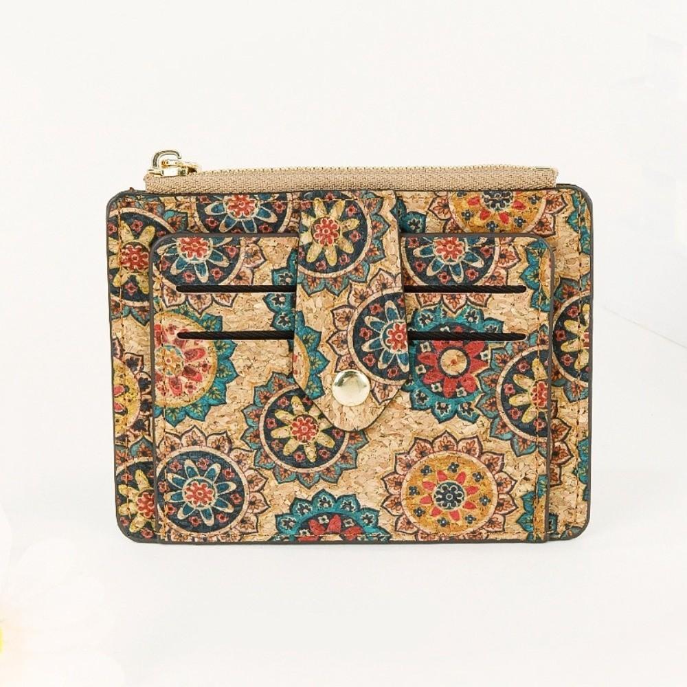Retro Ethnic Style Coin Purse Multi-slot Cork Wood Credit Card Holder Portable Ultra-thin Zipper Small Wallet