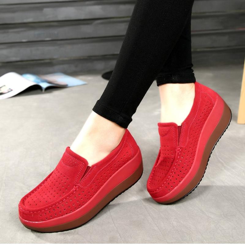 Fashion Women Wedge Heels Platform Shoes Genuine Leather Loafers Casual Walking Shoes Non-slip Mother Shoes