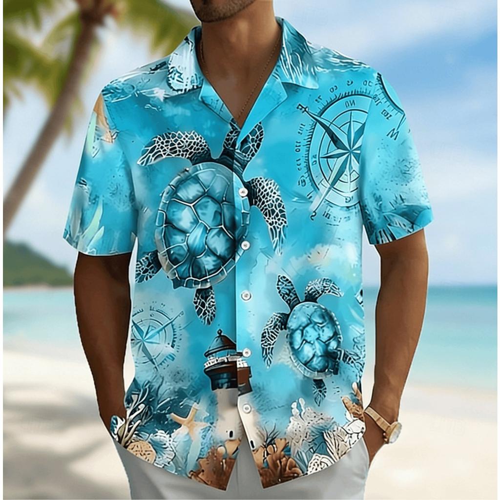 Men's Ocean Turtle Compass Lighthouse Print Short Sleeve Shirt, Summer Nautical Hawaiian Vacation Blouse