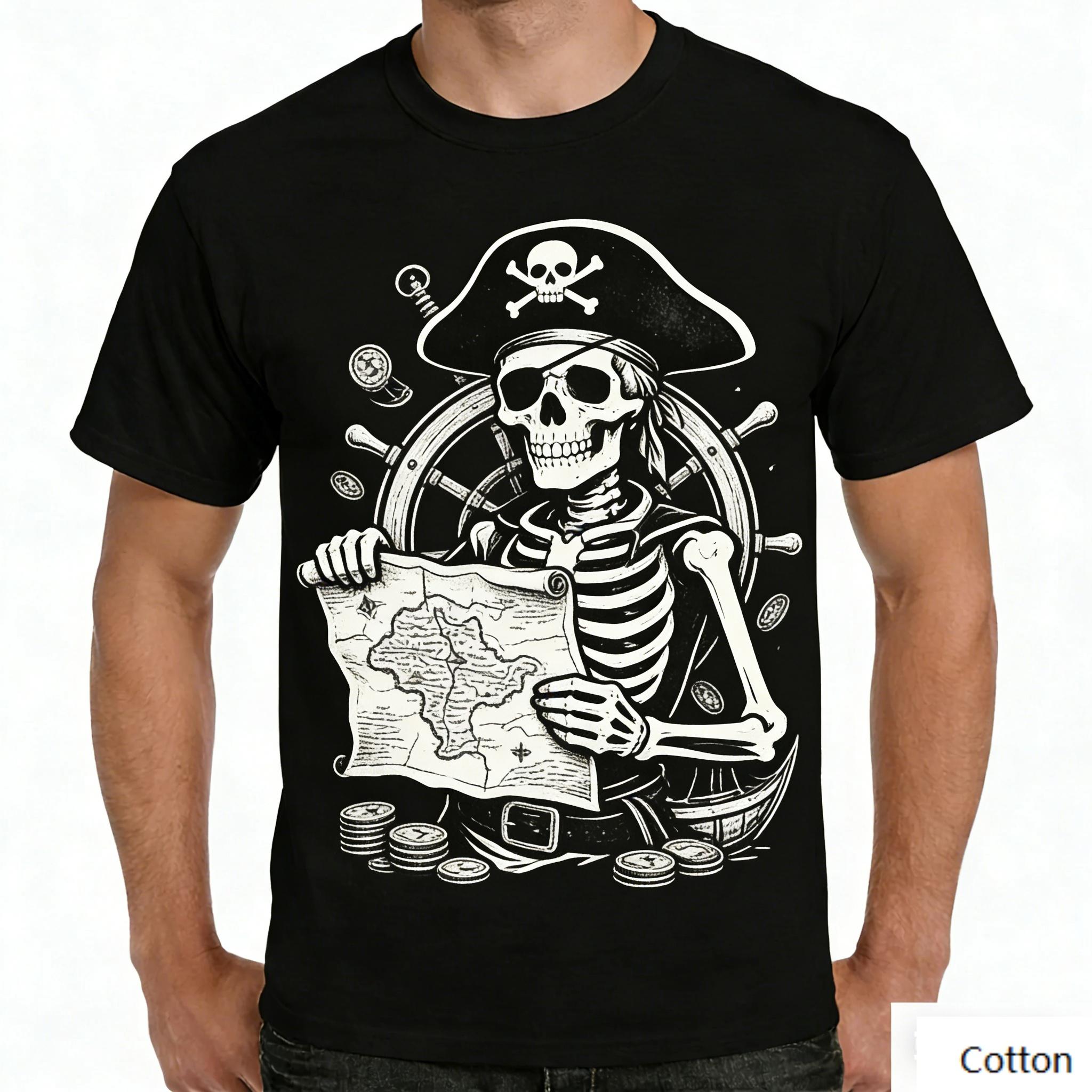 Vintage Skeleton Pirate Graphic T Shirt, Cotton Crew Neck Short Sleeve Tee, Treasure Map Print Unisex Top S разноцветный