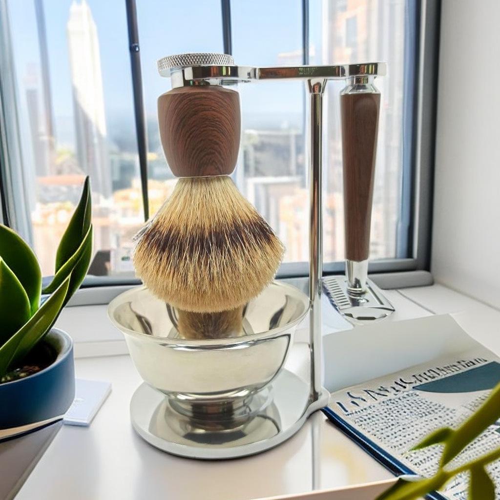 Men's Shaving Gift Set: 3 & 5 Layer Razor, Double-Sided Razor, Beard Brush, Bristle Brush, Bowl & Stand.