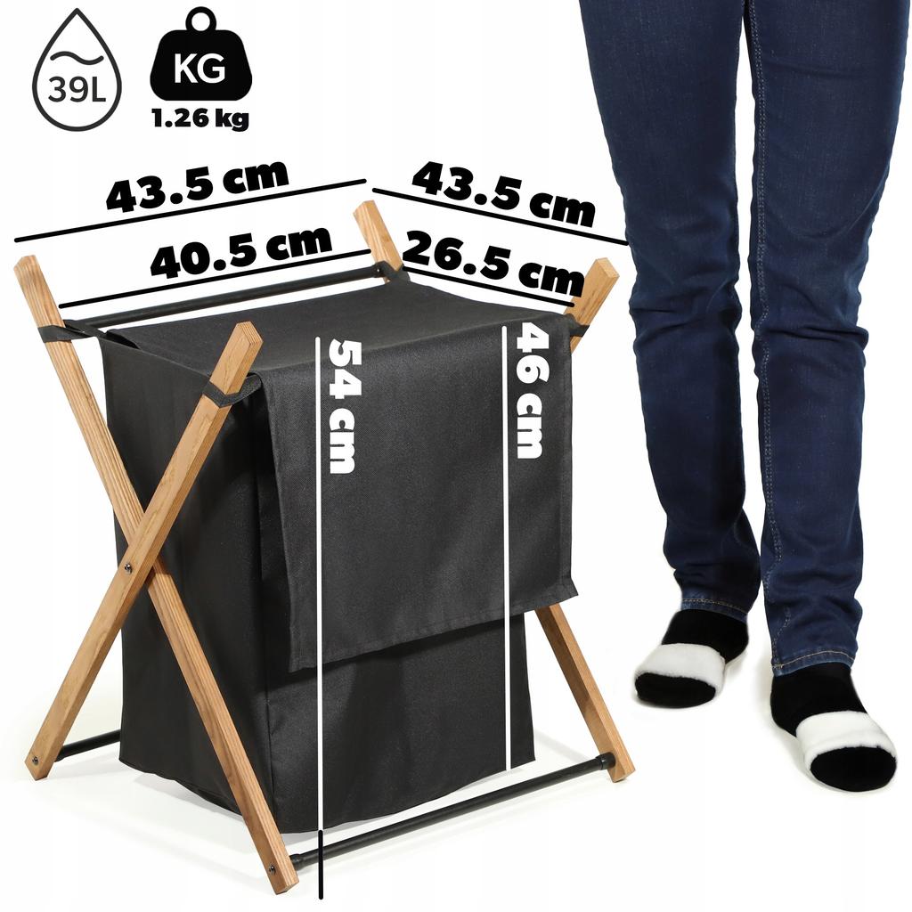 KADAX Cesto para la Ropa Negro de Madera Plegable Contenedor Grande Eco 39L