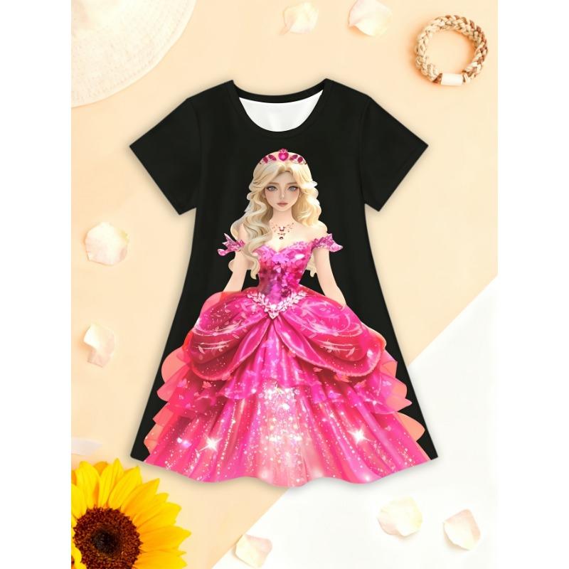 Adorable 3D Butterfly Print Dress for Girls with Vibrant Color Gradients, Glitter Accents, Short Sleeves,