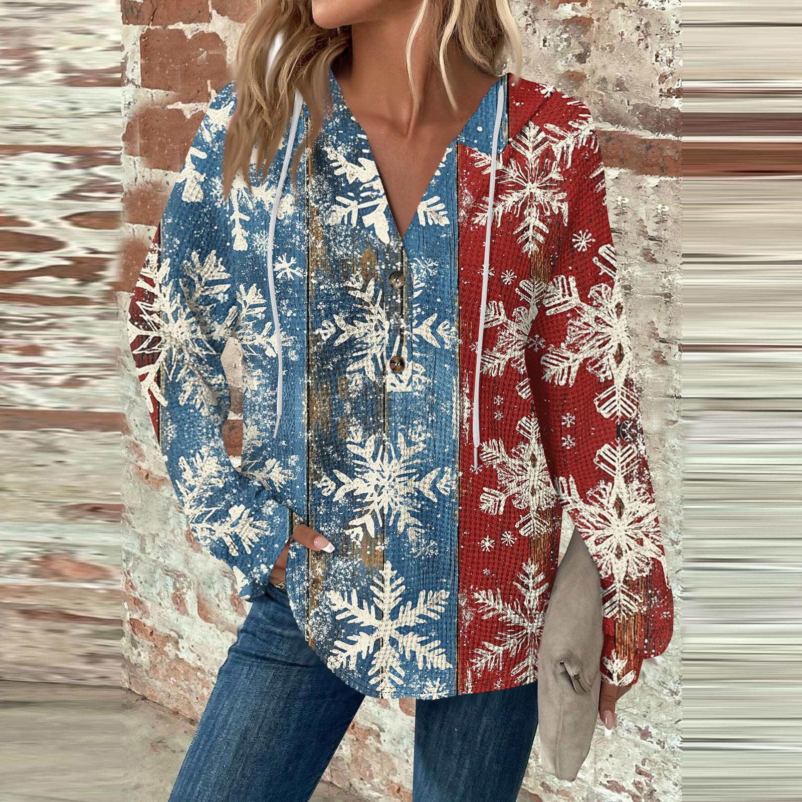 

Женская мода с длинным рукавом, завязками на шнурке, капюшоном, пуговицами, V-образным вырезом, повседневная толстовка с капюшоном и рождественским принтом M синий