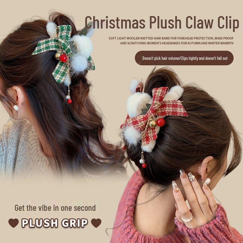 Weihnachts-Haarspange mit Glockenquaste und Plüschapplikation für Damen, ideal für Hochsteckfrisuren