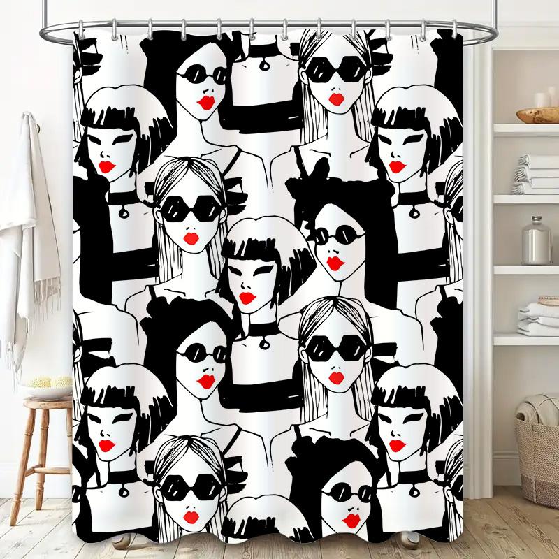 Stylish Black White Women Fashion Pattern Shower Curtain For Bathroom Decor Unisex Waterproof Fabric Bath Mats With Hooks Set Be