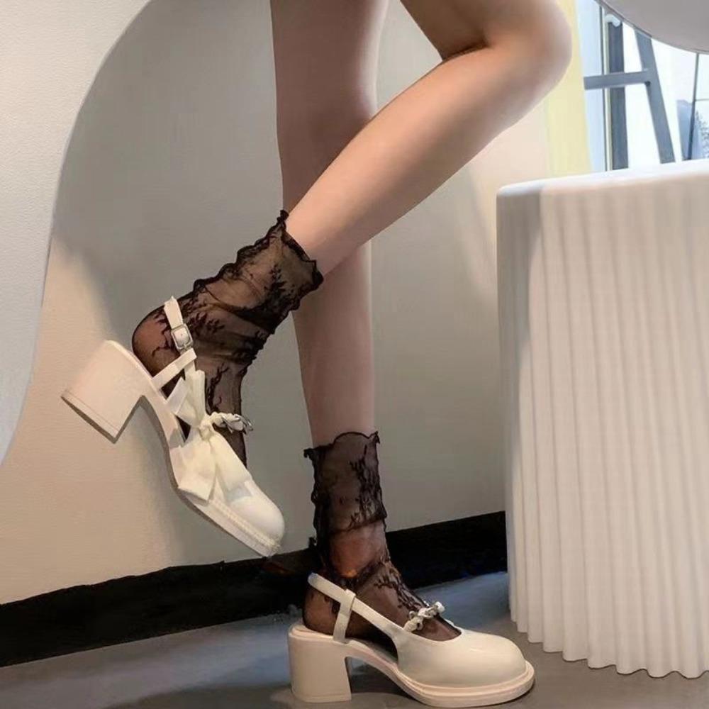 

Mid Tube Mesh Flower Lace Socks Chic Floral Tulle Thin Pile Up Socks Fashion Women белый