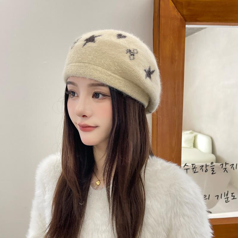 Women's Beret Hat Autumn and Winter Solid Color Knitted Woolen Hat Warm Thick Soft Vintage Painter Premium Hat