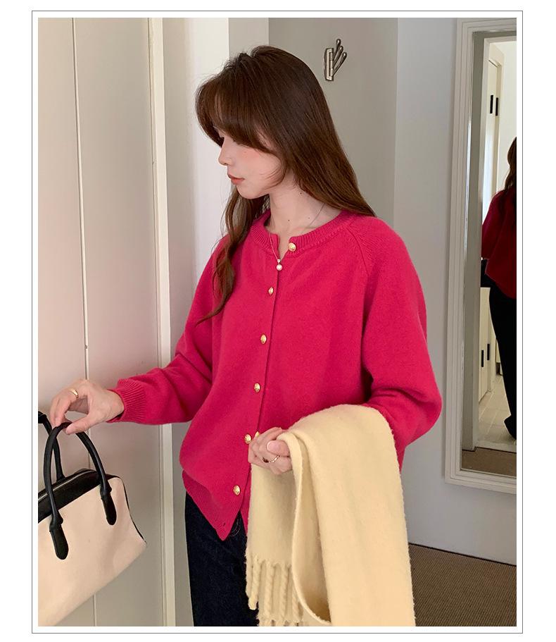 Gold Buckle Raglan Sleeve Wool Cardigan - Women's Pure Color Loose Knit, Long Sleeve Sweater Outerwear for Autumn-Winter.