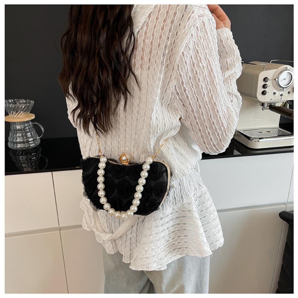 New Lace Flower Evening Bag Pearl Chain Clip Shell Bag Women Crossbody Bag