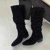 Fashion Liyke Winter Street Fashion Square Toe Pleated Faux Suede Flock Knee High Boots Women Low Thick Heels Long Ladies Shoes Size 43