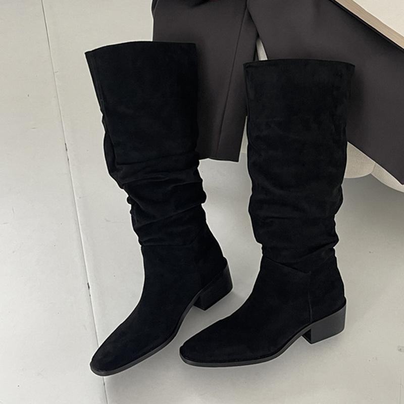 Fashion Liyke Winter Street Fashion Square Toe Pleated Faux Suede Flock Knee High Boots Women Low Thick Heels Long Ladies Shoes Size 43