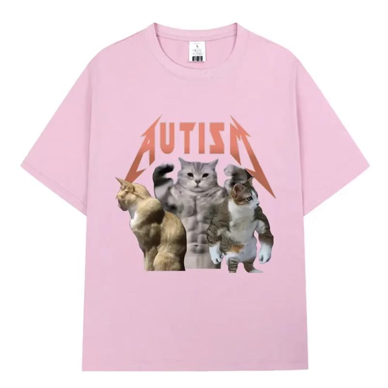 2025 Summer and Autumn Fitness Cat Autism Print T-shirt Loose and Casual Short-sleeved Trendy Top for Men and Women