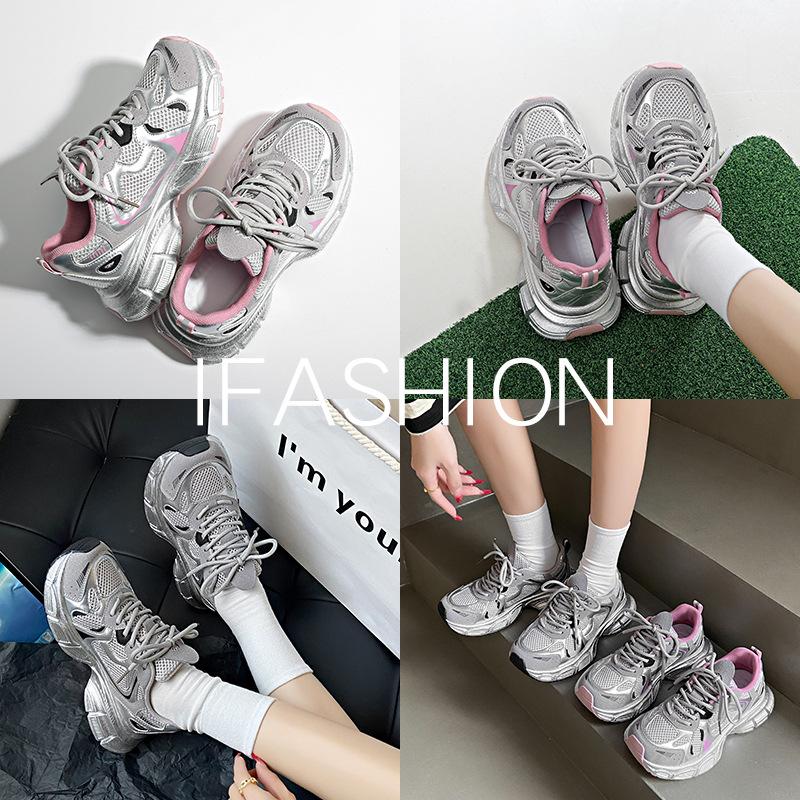 Thick-soled silver heightening women's new breathable retro single-net lightweight casual sports shoes in summer 2025