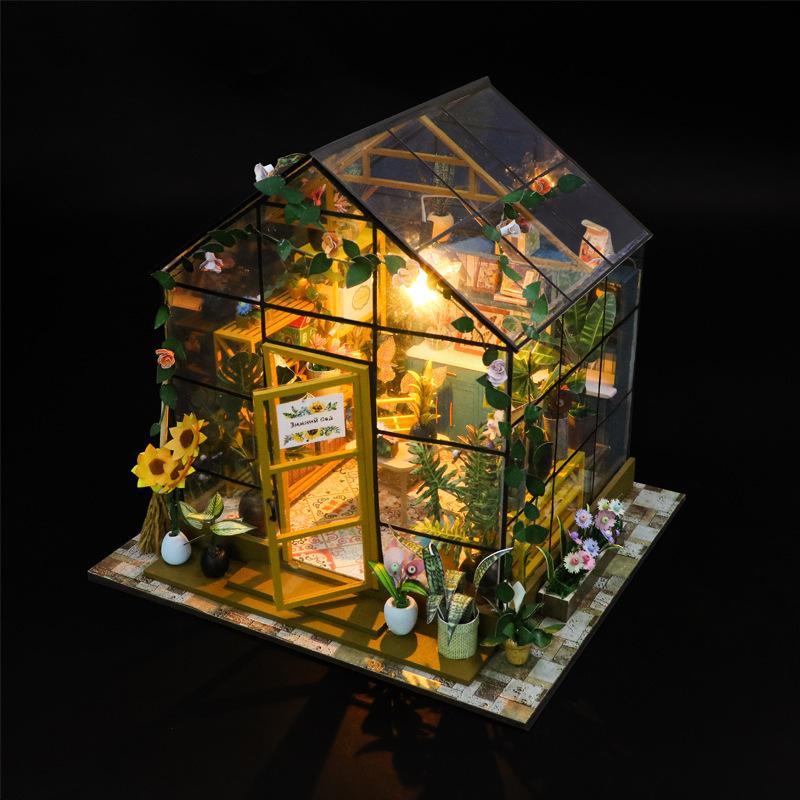 Puppenhaus Bausatz Mini DIY Blumenhaus Handgefertigt 3D Puzzle Montage Bauspielzeug Heim Schlafzimmer Dekoration mit Möbeln Puppenhäuser