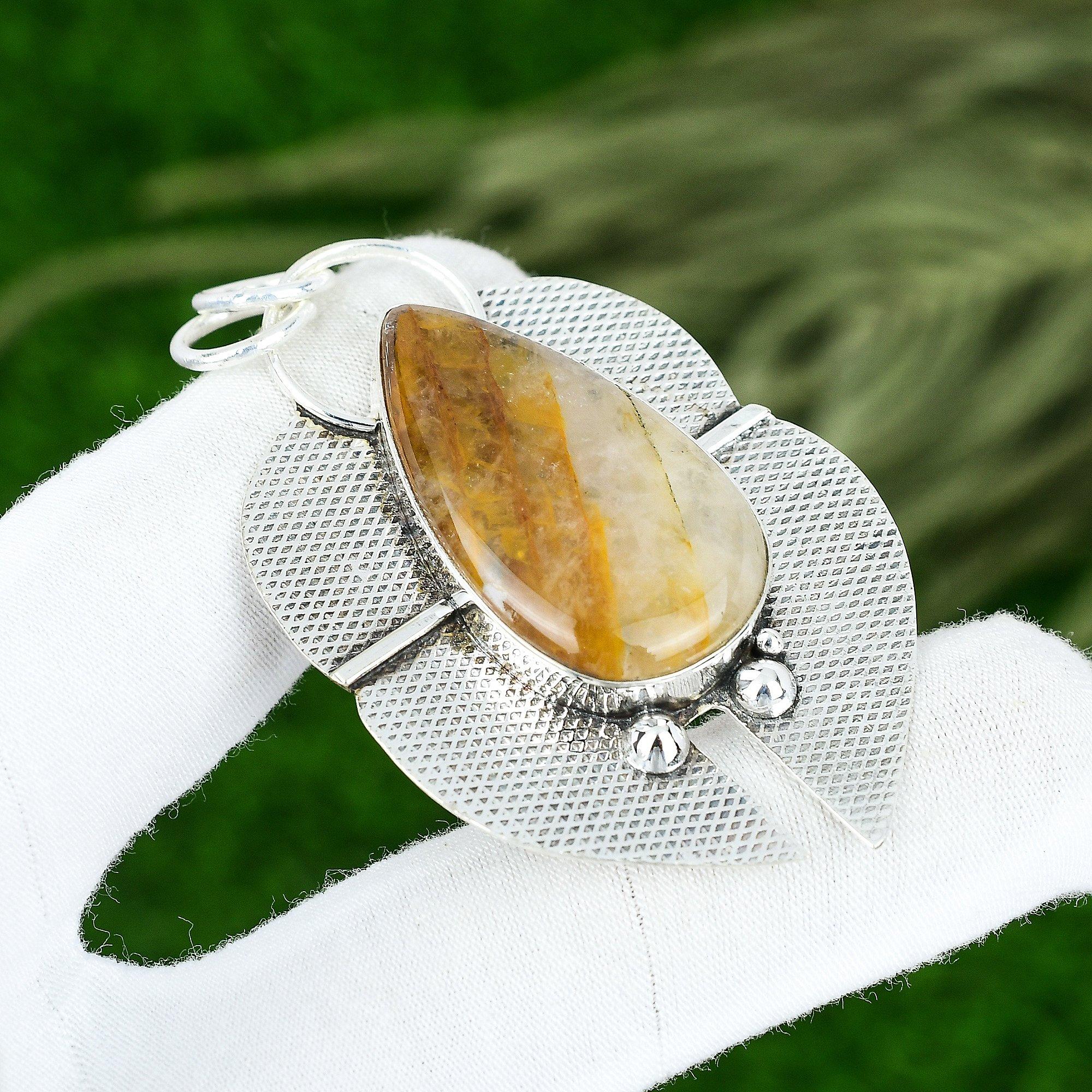 

925 Silver Pear Plume Agate Gemstone Unique Artisan New Handcrafted Wife Pendant
