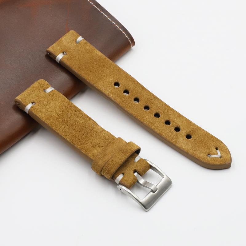 Pulseira de Couro Camurça Macio para Relógio 18mm 20mm 22mm 24mm Marrom Vintage Pulseira de Reposição Costura Feita à Mão Pulseira Universal
