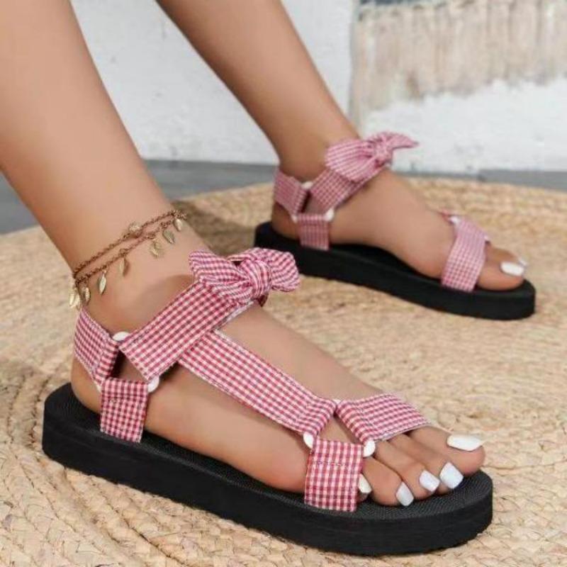 Summer New Flat-bottomed Beach Shoes Women's Velcro Bow Round Head Open-toed Leopard Print Flat-bottomed Beach Sandals