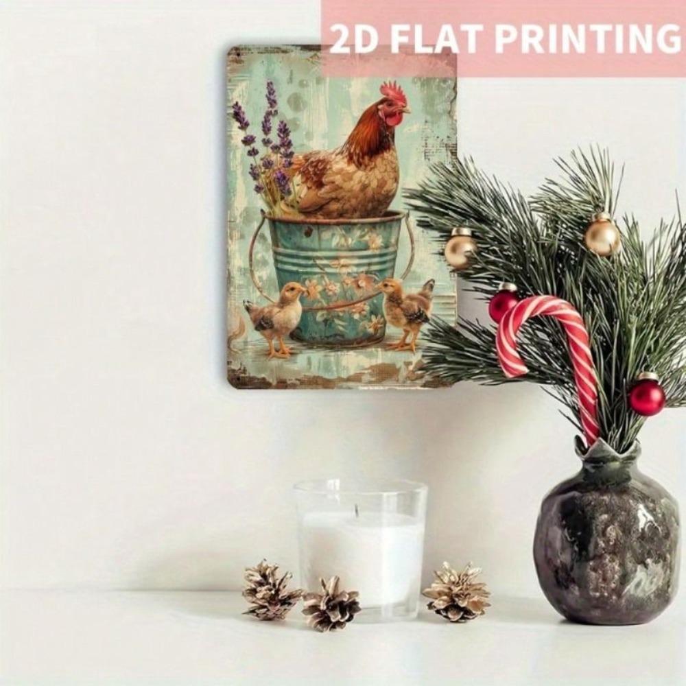 Metal Poster Wall Art, Vintage Farm Chicken Flowers, Kitchen Living Room Decor
