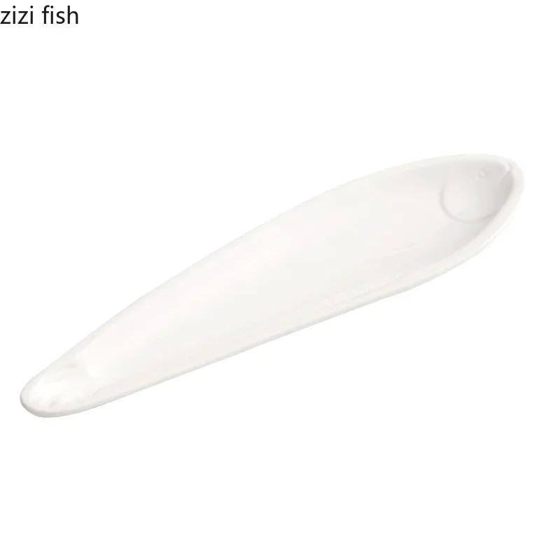 White Shaped Fish Plate Ceramic Autumn Knife Fish Long Strip Plate Steamed Fish Plate Sushi Dish Artistic Conception Tableware