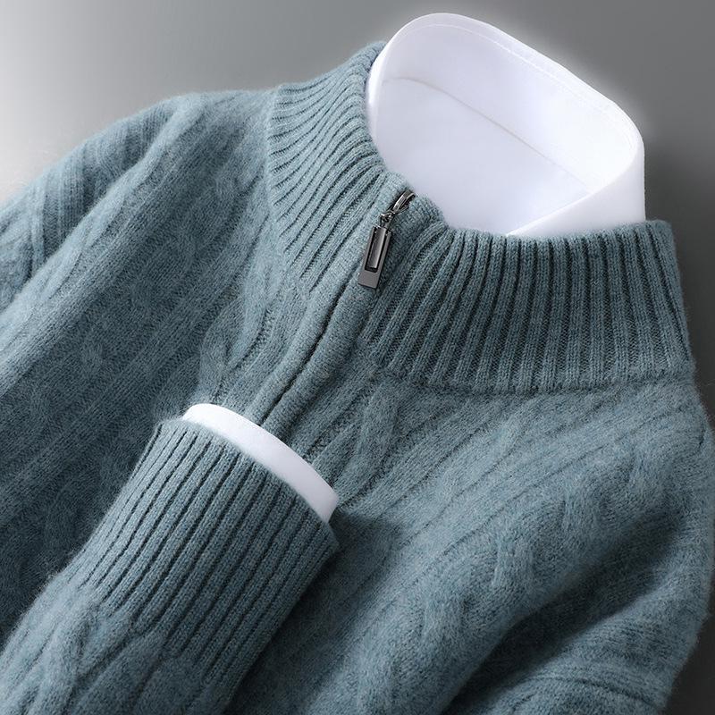 Men's Pure Wool Half-High Collar Cable Knit Zipper Sweater - Thick & Loose for Autumn/Winter