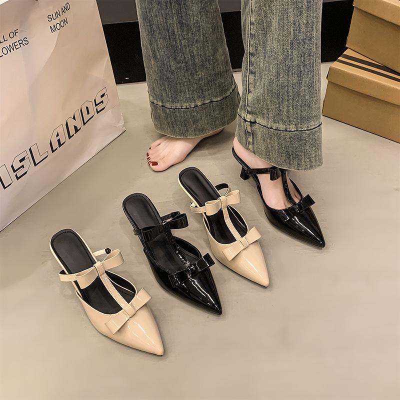 2025 spring new pointed head thin heel high heel temperament thin French fashion sexy beautiful bag head half drag women's shoes