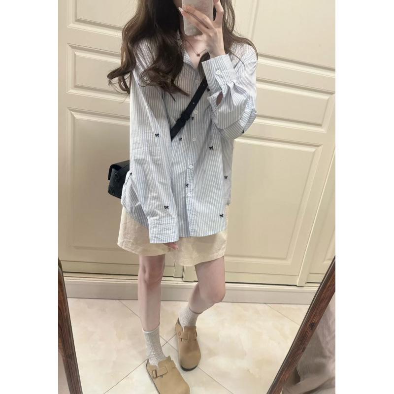 Women's Blue & White Striped Long-Sleeve Bow Print Shirt - Mid-Length, Unique Design, Early Autumn, Stylish Sun Protection Top