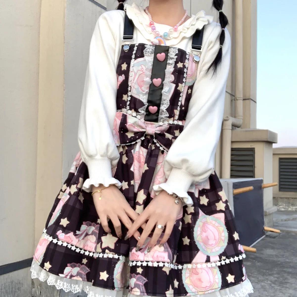 

Kawaii платье на подтяжках Harajuku японское пастельное готическое платье с принтом конфетный принт с принтом свиньи милое платье Лолиты летнее платье DDLG звезды подарок на Tumblr XL чёрный