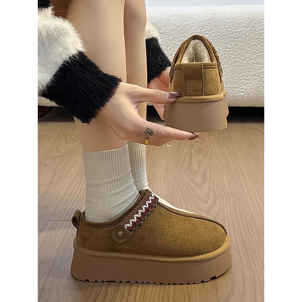 Brown velvet thickened thick-soled half-tow Birkenstocks for women's winter warm outer wear non-slip snow cotton tow