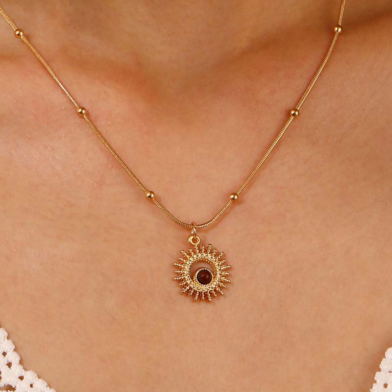 iF ME 5PCS Vintage Brown Opal Pendant Necklaces for Women Maillard Gold Color Metal Geometric Choker Necklaces Y2K Jewelry Accessories