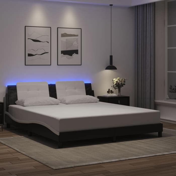VidaXL Bed Frames with LED Lights, Double Bed with Headboard Cushion, Adult Bedroom Bed, Modern, Black White 3214129