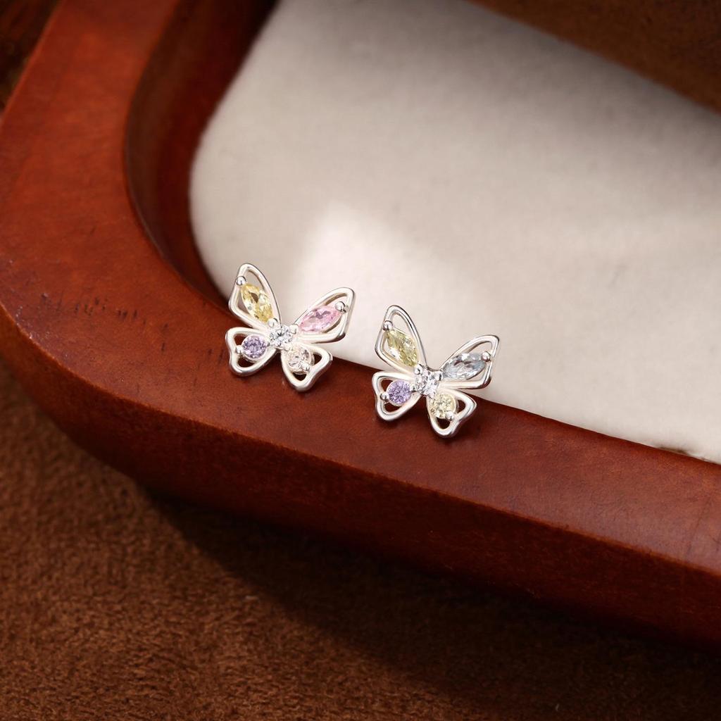 S999 Sterling Silver Butterfly Stud Earrings with Color Diamond - Simple and Elegant Women's Ear Accessories
