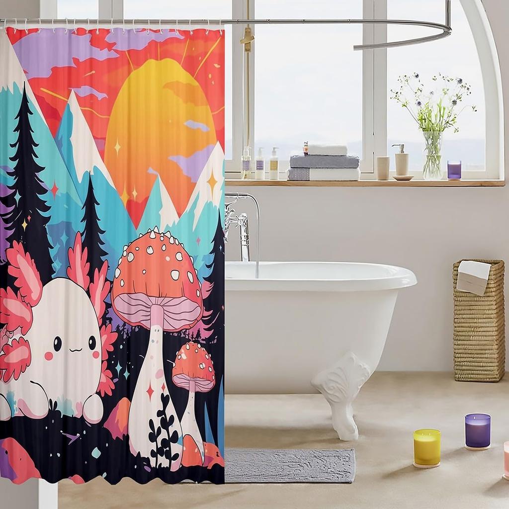 Mushroom Axolotl Shower Curtain Jungle Axolotl Bathroom Shower Curtain Sets,Cute Drawn Printed Fabric Shower Curtain Cartoon
