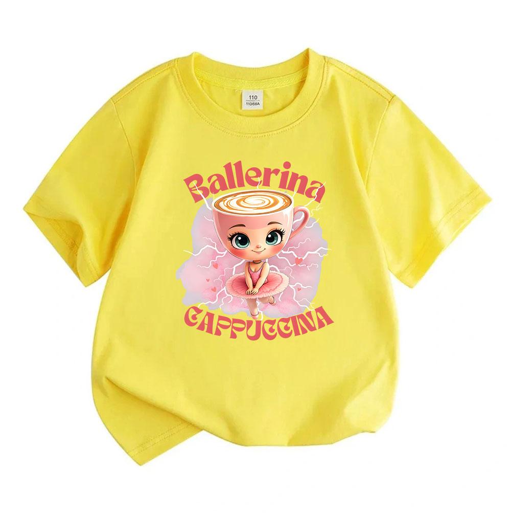 T-shirt stampata carina con ballerina e cappuccina per bambini, ragazzi e ragazze, 100% cotone, girocollo, manica corta, casual, leggera, per uso quotidiano, top attivi estivi