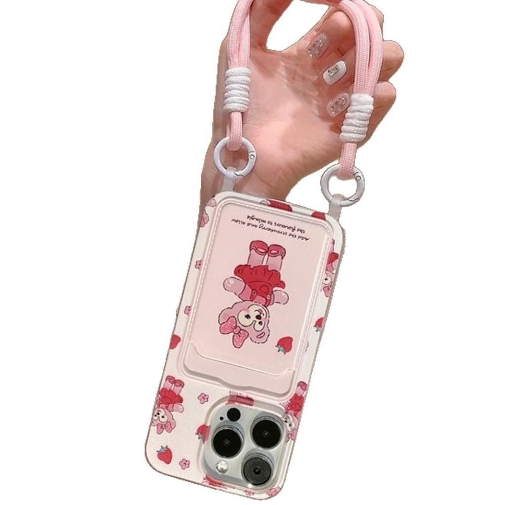 Bolsa de Cartão com Cordão Pendurado Capa de Telefone Saia Vermelha Urso para Apple 17PROMAX Casal Furo Grande Capa de Telefone Bolsa de Cartão Simples
