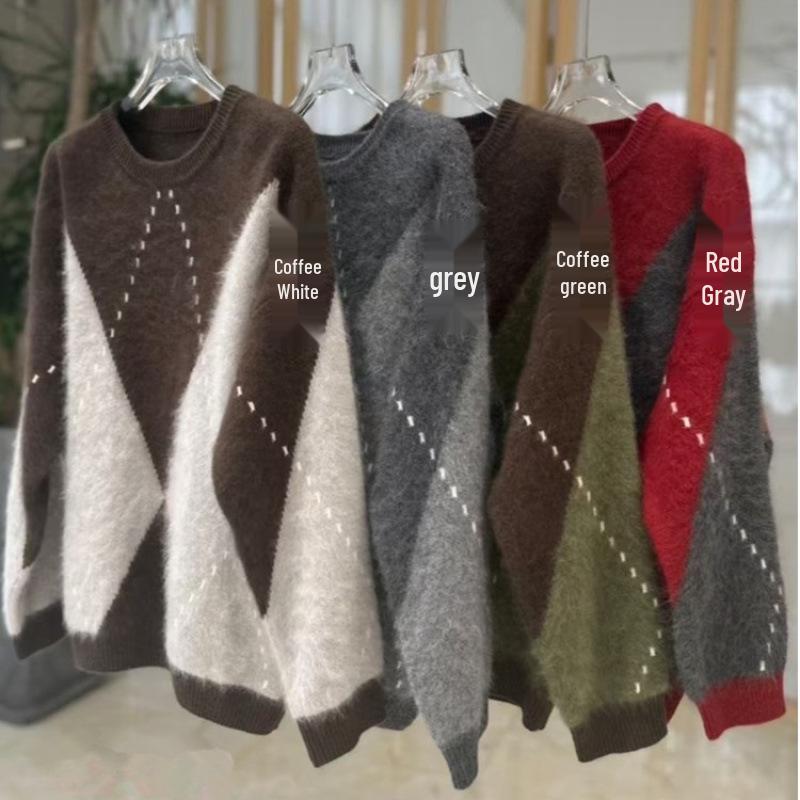 Women's Round Neck Wool Sweater: Thickened, Color Block, Diamond Pattern, Brushed Long Hair Knit, Loose Fit for Autumn/Winter