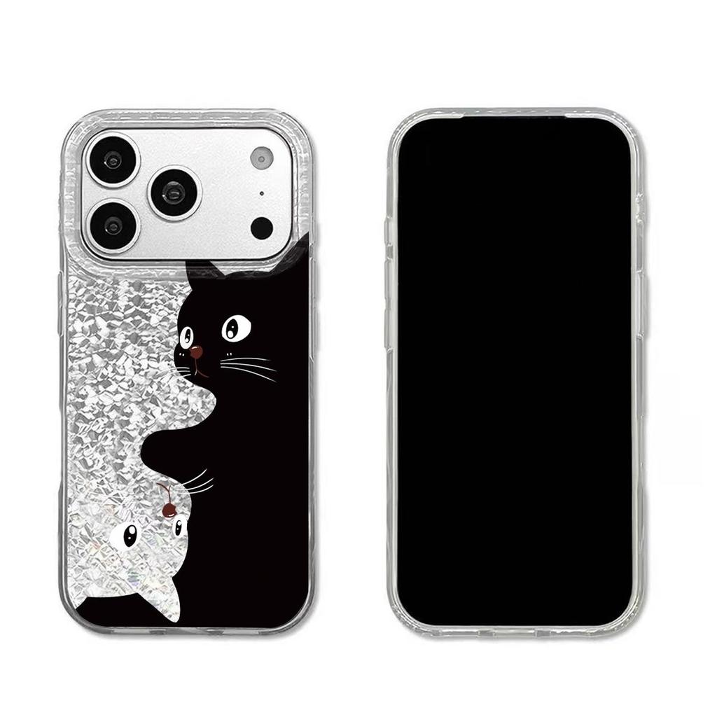 Case for iphone 14 12 XR Air 18 Pro Max XS Max 17 Pro 16 Plus 11 13 15 Black & White Cats Sparkle Crackle Foil Acrylic TPU Phone Case