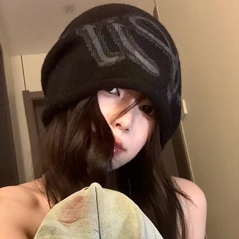 Women's Autumn and Winter Ear Protection Warmth  Big Head Circumference  Face  Small Pile of Hats  American Retro Letters  Jacquard Knitted Wool Hat