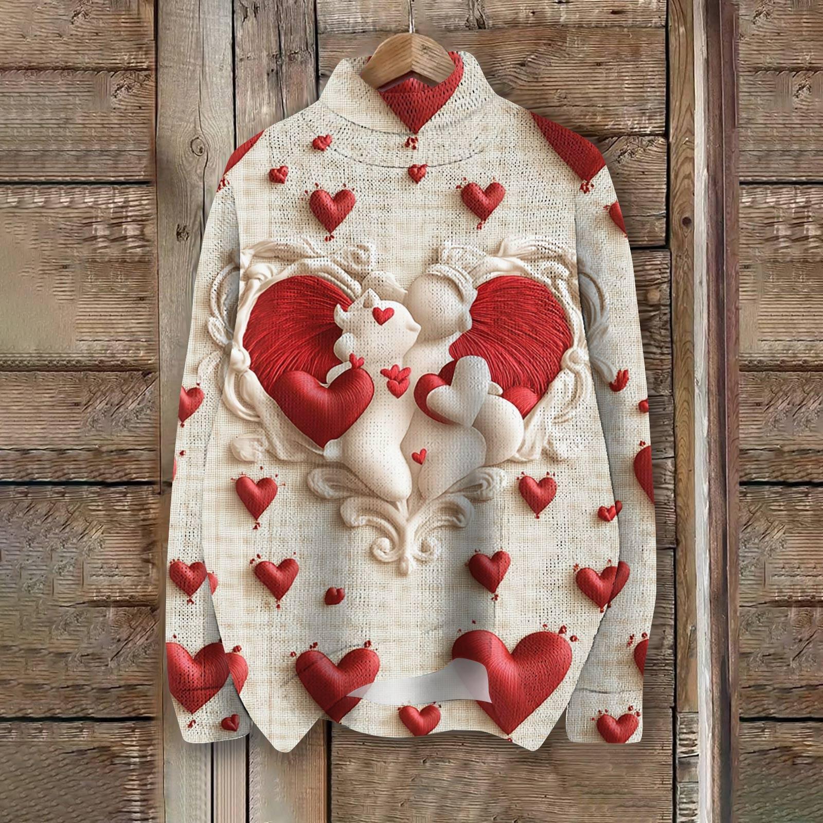 

Женская мода, повседневная водолазка с круглым вырезом и длинными рукавами, с принтом ко Дню святого Валентина, трикотажный топ XL арбуз красный