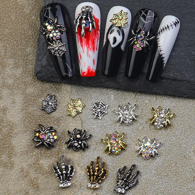 Dark Style Halloween Nail Art Metal Spider & Skull Decorations with Rhinestones
