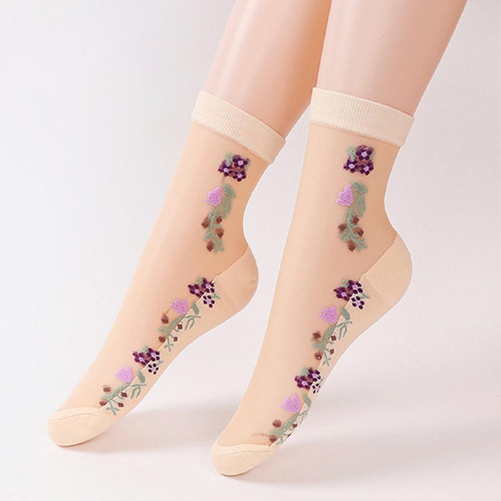 5 Pairs Women Ice Silk Mid Calf Socks Spring Summer Breathable Thin Crystal Sheer Snag Hosiery