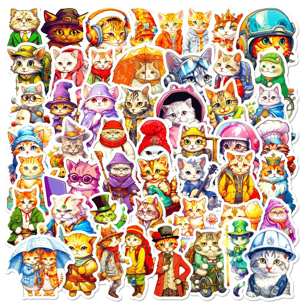 50 Cat Head Stickers with Cool and Handsome Anthropomorphic Cat Stickers with Hats Cat Words and Cats Series Cat Decorations